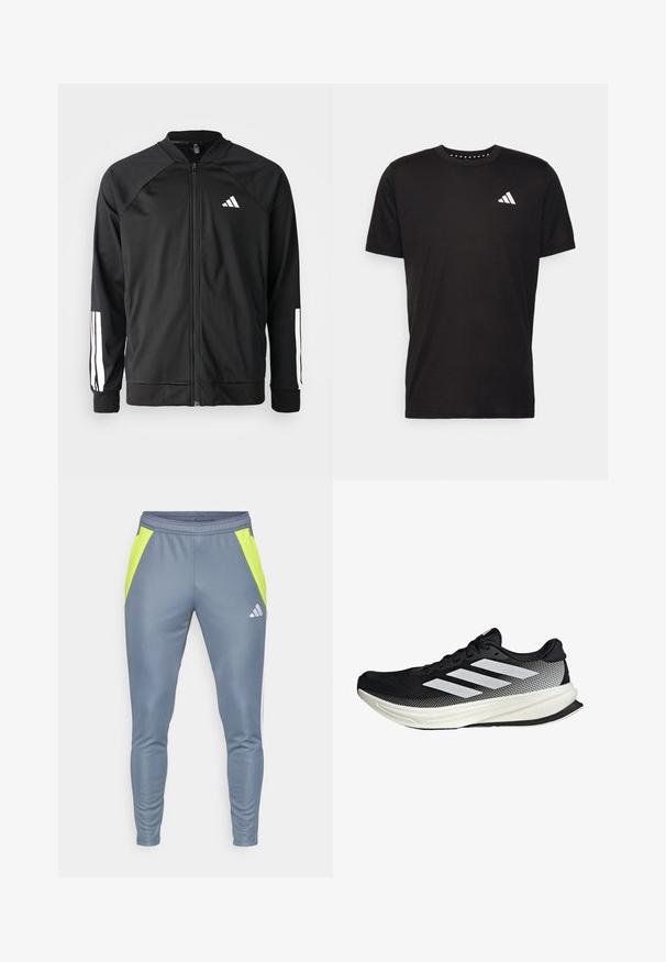 Zwarte sportjack met een rits aan de voorkant, raglanmouwen, wit Adidas-logo en witte strepen op de mouwen. Gladde stof met elastische manchetten.; Zwarte katoenen t-shirt met korte mouwen, ronde hals en een wit logo op de linkerkant van de borst. Gladde textuur en eenvoudig ontwerp.; Grijze sportbroek met neongele zijkleurpanelen, elastische tailleband, taps toelopend ontwerp en een reflecterende logo aan de voorkant.; Zwarte sportieve schoen met een mesh ontwerp, voorzien van witte strepen, een ronde neus en een gestructureerde zool voor grip en ondersteuning.