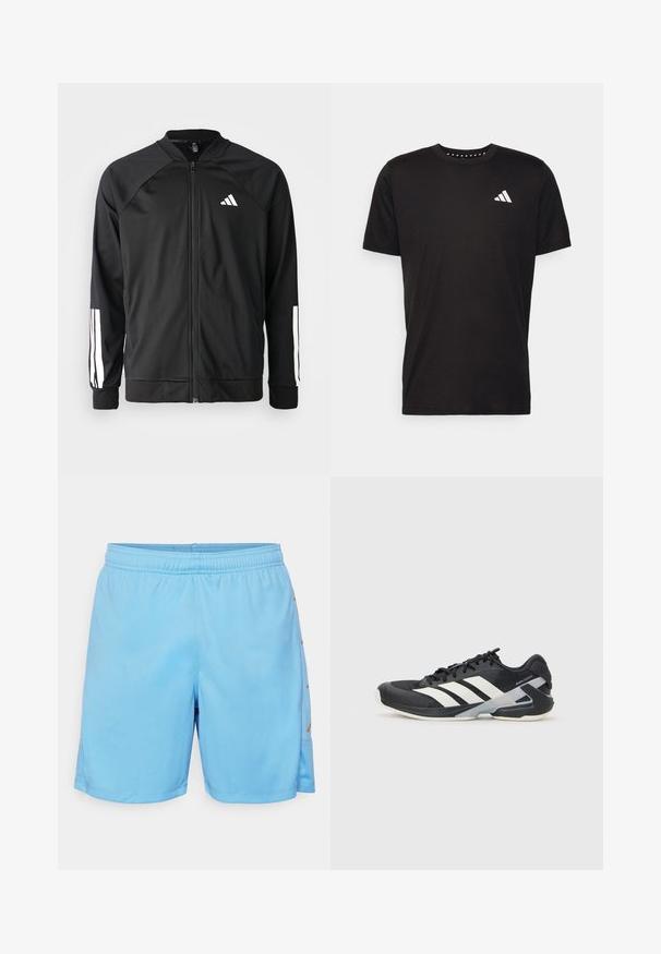 Mustar mustreeritud spordijakk, millel on ees lukuga taskud, raglanvarrukad, valge Adidas logo ja valged triibud varrukatel. Sile kangas elastsete mansettidega.; Must must ka t-särk lühikeste varrukatega, ümmarguse kaelusega ja valge logoga vasakul rinnal. Sile tekstuur ja lihtne disain.; Heledad sinise sportlikud lühikesed püksid, mis on valmistatud sünteetilisest materjalist. Omavad elastset vöökohta ja kuldset aktsenti küljel. Sile tekstuur, kuni reie keskpaigani ulatuv pikkus.; Mustad sportlik jalanõud mustade värvidega, valgete triipudega, võrgusilma pealmine osa, ümar varvas ja pehme tallaga. Omab tekstureeritud kontsa ja kindlat paeltesüsteemi.