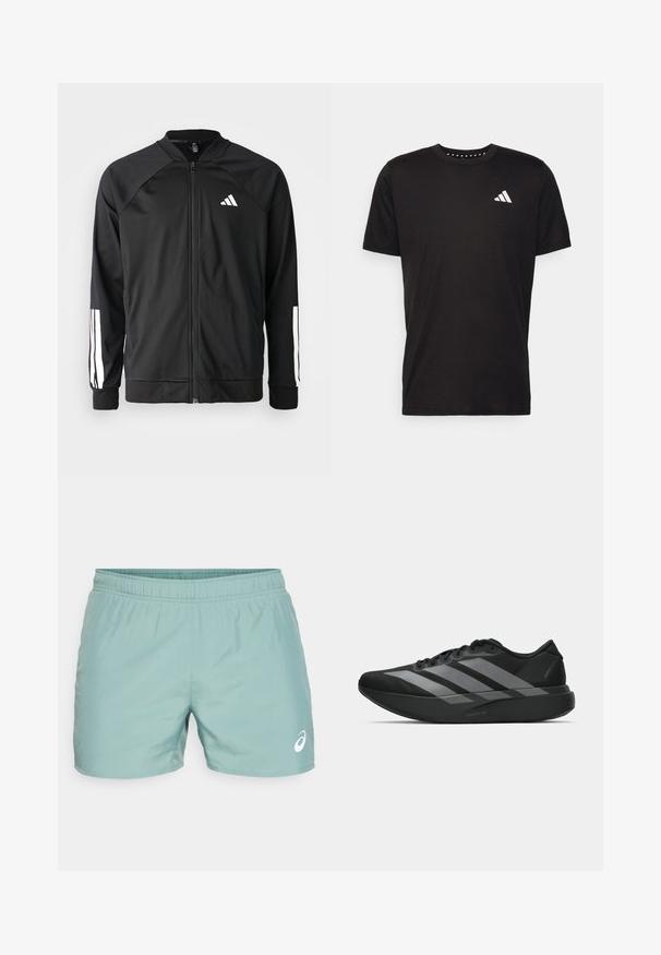 Chaqueta deportiva negra con cremallera frontal, mangas raglán, logo de Adidas en blanco y rayas blancas en las mangas. Tejido suave con puños elásticos.; Camiseta de algodón negra con mangas cortas, cuello redondo y un logo blanco en el lado izquierdo del pecho. Textura suave y diseño sencillo.; ASICS CORE SHORT - Pantalón corto de deporte - celadon; Zapatillas deportivas negras con un diseño ligero, que presentan tres franjas grises prominentes, una textura suave y una suela contorneada.