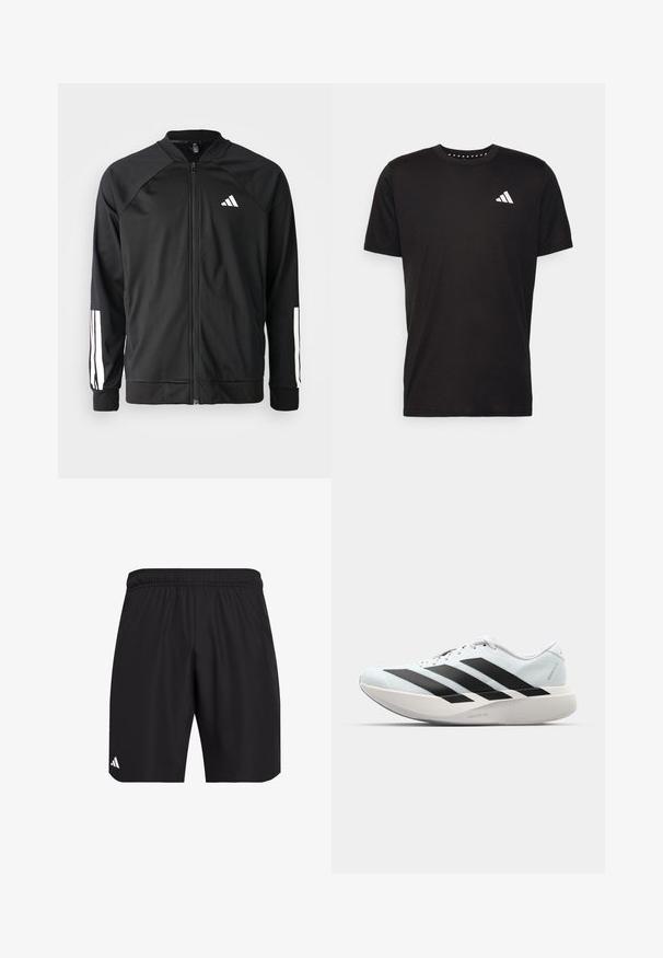 Black athletic jacket with a front zipper, raglan sleeves, white Adidas logo, and white stripes on sleeves. Smooth fabric with elastic cuffs.; Black cotton t-shirt with short sleeves, crew neckline, and a white logo on the left chest. Smooth texture and simple design.; Black athletic shorts with an elastic waistband. Made from lightweight fabric, featuring a subtle texture and a small white logo accent.; Lightweight running shoes in pale blue with black stripes. Features a smooth upper, round toe, and thick white midsole labeled "LIGHTSTRIKE PRO."