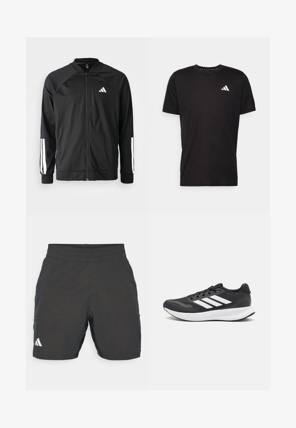 Black athletic jacket with a front zipper, raglan sleeves, white Adidas logo, and white stripes on sleeves. Smooth fabric with elastic cuffs.; Black cotton t-shirt with short sleeves, crew neckline, and a white logo on the left chest. Smooth texture and simple design.; Black athletic shorts made from lightweight fabric, featuring an elastic waistband, two side pockets, and a subtle patterned texture.; Black athletic shoe with breathable mesh upper, white accents, and a cushioned sole. Features three stripes logo on the side.