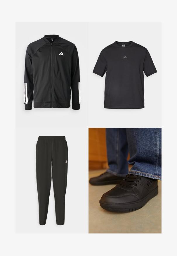 Crna sportska jakna s prednjim zatvaračem, raglan rukavima, bijelim Adidas logom i bijelim prugama na rukavima. Glatka tkanina s elastičnim manžetama.; Crna atletska majica od prozračnog materijala, s kratkim rukavima, okruglim izrezom i reflektirajućim logotipom na prsima.; Crne atletske hlače s elastičnom waistband-om, slim fit kroja i bijelim logom na lijevoj nozi. Glatka, lagana tkanina.; Crne tenisice od glatkog sintetičkog materijala. Imaju vezivanje na vezice i teksturirane akcentne detalje na gornjem dijelu. Gumeni potplat s uzorkom.