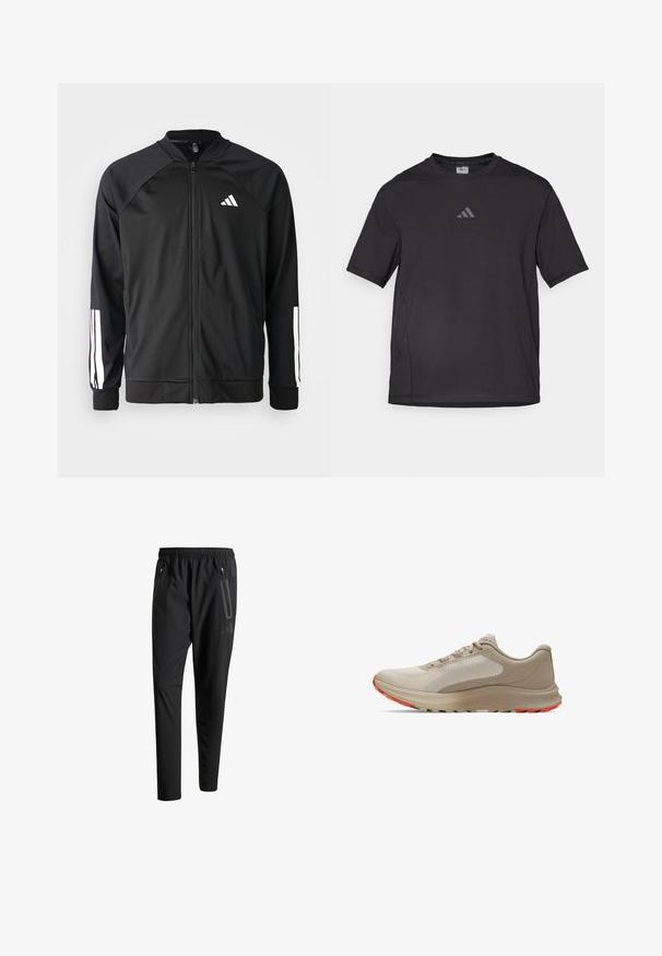 Chaqueta deportiva negra con cremallera frontal, mangas raglán, logo de Adidas en blanco y rayas blancas en las mangas. Tejido suave con puños elásticos.; Camiseta deportiva negra hecha de material transpirable, con mangas cortas, cuello redondo y un logo reflectante en el pecho.; Pantalones deportivos negros con una cintura elástica, dos bolsillos laterales con cremallera, piernas ajustadas y un discreto detalle de logo en la cadera.; Zapatilla de running beige claro con un panel superior texturizado, acentos en naranja apagado contrastantes en la suela y una media suela acolchada.