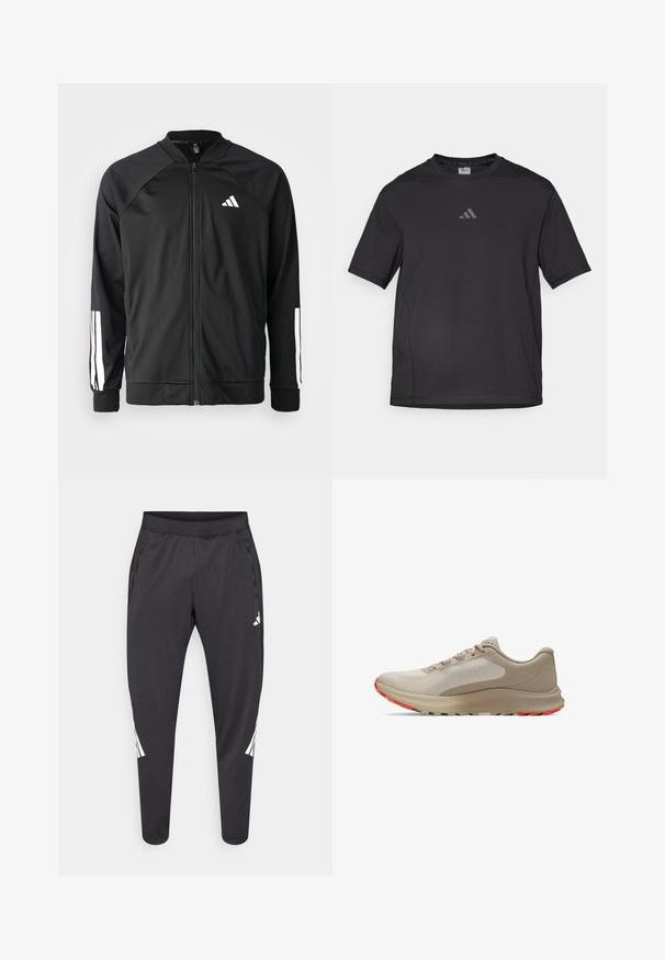 Black athletic jacket with a front zipper, raglan sleeves, white Adidas logo, and white stripes on sleeves. Smooth fabric with elastic cuffs.; Black athletic t-shirt made of breathable material, featuring short sleeves, a round neck, and a reflective logo on the chest.; Black athletic pants with tapered legs, elastic waistband, side pockets, and white logo and stripes detailing. Made from a smooth, lightweight material.; Light beige running shoe featuring a textured upper panel, contrasting muted orange accents on the sole, and a cushioned midsole.