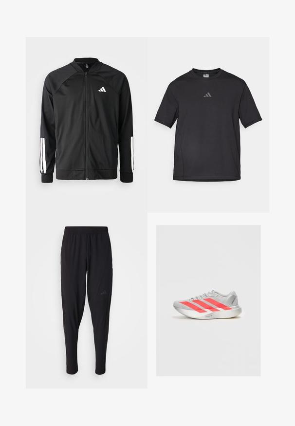 Schwarze Sportjacke mit einem Frontreißverschluss, Raglanärmeln, weißem Adidas-Logo und weißen Streifen an den Ärmeln. Glattes Gewebe mit elastischen Bündchen.; Schwarzes Sport-T-Shirt aus atmungsaktivem Material, mit kurzen Ärmeln, rundem Ausschnitt und einem reflexiven Logo auf der Brust.; Schwarze Sporthosen mit elastischem Bund, tailliertem Design, Seitentaschen und dezenten Logo-Details. Hergestellt aus flexiblem, atmungsaktivem Material.; Leichte Laufschuhe in Grau mit roten Akzenten und einem Design mit drei Streifen. Sie haben ein glattes Obermaterial, eine runde Zehenpartie und eine strukturierte Sohle.