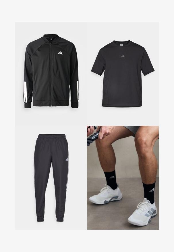 Schwarze Sportjacke mit einem Frontreißverschluss, Raglanärmeln, weißem Adidas-Logo und weißen Streifen an den Ärmeln. Glattes Gewebe mit elastischen Bündchen.; Schwarzes Sport-T-Shirt aus atmungsaktivem Material, mit kurzen Ärmeln, rundem Ausschnitt und einem reflexiven Logo auf der Brust.; Schwarze Sporthosen mit elastischem Bund, mit weißen Streifen an den Seiten und einem kleinen Logo an der Hüfte. Glatte Textur.; Weiße Sportschuhe mit grauen Akzenten, strukturiertem Material und Schnürdesign. Getragen mit schwarzen Socken mit einem Logo.