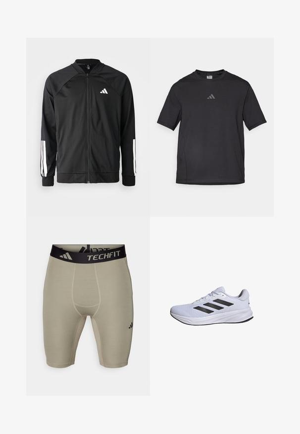 Black athletic jacket with a front zipper, raglan sleeves, white Adidas logo, and white stripes on sleeves. Smooth fabric with elastic cuffs.; Black athletic t-shirt made of breathable material, featuring short sleeves, a round neck, and a reflective logo on the chest.; adidas Performance BASE SHORT - Leggings - silver pebble; adidas Performance RESPONSE - Road running shoes - cloud white core black cloud white