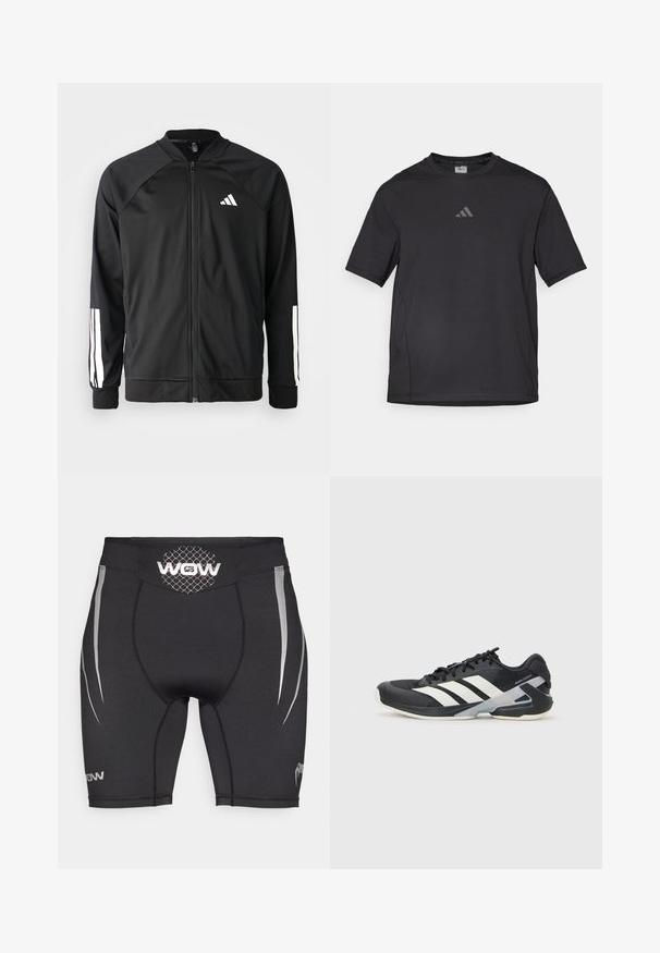 Giacca atletica nera con zip frontale, maniche raglan, logo Adidas bianco e strisce bianche sulle maniche. Tessuto liscio con polsini elasticizzati.; Maglietta sportiva nera realizzata in materiale traspirante, con maniche corte, colletto rotondo e logo riflettente sul petto.; Pantaloncini sportivi neri in nylon elasticizzato, con inserti laterali argentati, cintura in mesh e dettagli con logo sulla parte anteriore inferiore e sul retro.; Scarpa sportiva nera con strisce bianche, tomaia in rete, punta arrotondata e suola ammortizzata. Presenta un tallone testurizzato e un sistema di allacciatura sicuro.