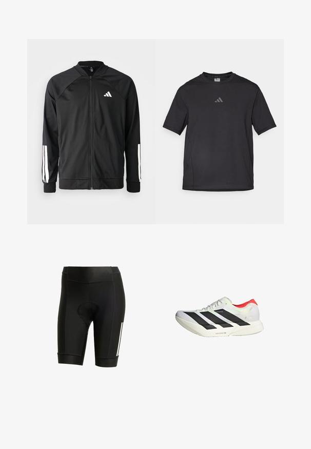 Zwarte sportjack met een rits aan de voorkant, raglanmouwen, wit Adidas-logo en witte strepen op de mouwen. Gladde stof met elastische manchetten.; Zwart sport t-shirt van ademend materiaal, met korte mouwen, een ronde hals en een reflecterende logo op de borst.; Zwarte fietsbroek met een gepolsterde zitting, gemaakt van rekbare stof. Heeft een strak ontwerp met witte strepen en platte stiksels.; Witte sportschoen met zwarte diagonale strepen, rode accenten op de hiel en een gestructureerde bovenkant; beschikt over LIGHTSTRIKE PRO demping.