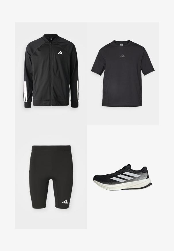 Zwarte sportjack met een rits aan de voorkant, raglanmouwen, wit Adidas-logo en witte strepen op de mouwen. Gladde stof met elastische manchetten.; Zwart sport t-shirt van ademend materiaal, met korte mouwen, een ronde hals en een reflecterende logo op de borst.; Zwarte sportshorts met een aansluitend ontwerp, gemaakt van rekbaar materiaal. Voorzien van drie zakken en een wit Adidas-logo op het onderbeen.; Zwarte sportieve schoen met een mesh ontwerp, voorzien van witte strepen, een ronde neus en een gestructureerde zool voor grip en ondersteuning.