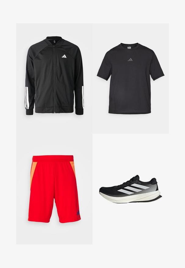 Schwarze Sportjacke mit einem Frontreißverschluss, Raglanärmeln, weißem Adidas-Logo und weißen Streifen an den Ärmeln. Glattes Gewebe mit elastischen Bündchen.; Schwarzes Sport-T-Shirt aus atmungsaktivem Material, mit kurzen Ärmeln, rundem Ausschnitt und einem reflexiven Logo auf der Brust.; Rote Sportshorts mit elastischem Bund, ausgestattet mit orangefarbenen seitlichen Einsätzen und einem blauen Logo auf der unteren linken Seite. Glatte Textiloberfläche.; Schwarzer Sportschuh mit einem Mesh-Design, ausgestattet mit weißen Streifen, einer runden Zehenpartie und einer strukturierten Sohle für Grip und Unterstützung.