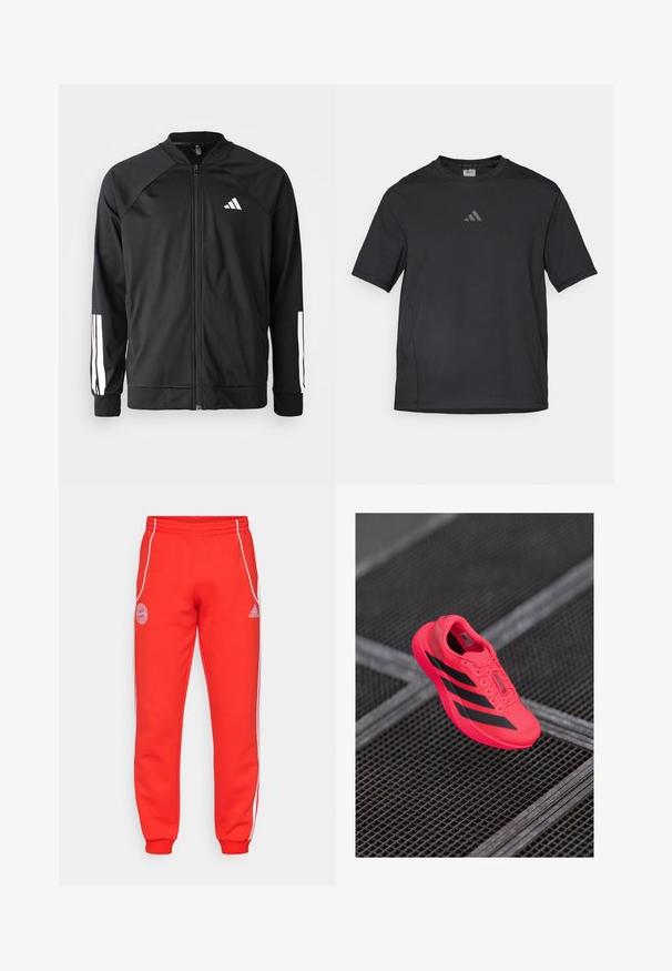Črna atletska jakna z zadrgo spredaj, raglan rokavi, belo Adidas logo in bele črte na rokavih. Gladek material z elastičnimi manšetami.; Črno atletsko majico iz zračnega materiala, ki ima kratke rokave, okroglo ovratnik in odsevni logotip na prsih.; Rdeče trenirke z elastičnim pasom, belimi stranskimi črtami in podrobnimi logotipi na boki in spodnjem delu noge. Narejene so iz mehkega blaga z rebrastimi manšeti.; Svetlo roza tekaški čevelj z črnimi črtami, izdelan iz lahkega mrežastega materiala, z teksturirano podplatno in vezalnim dizajnom.