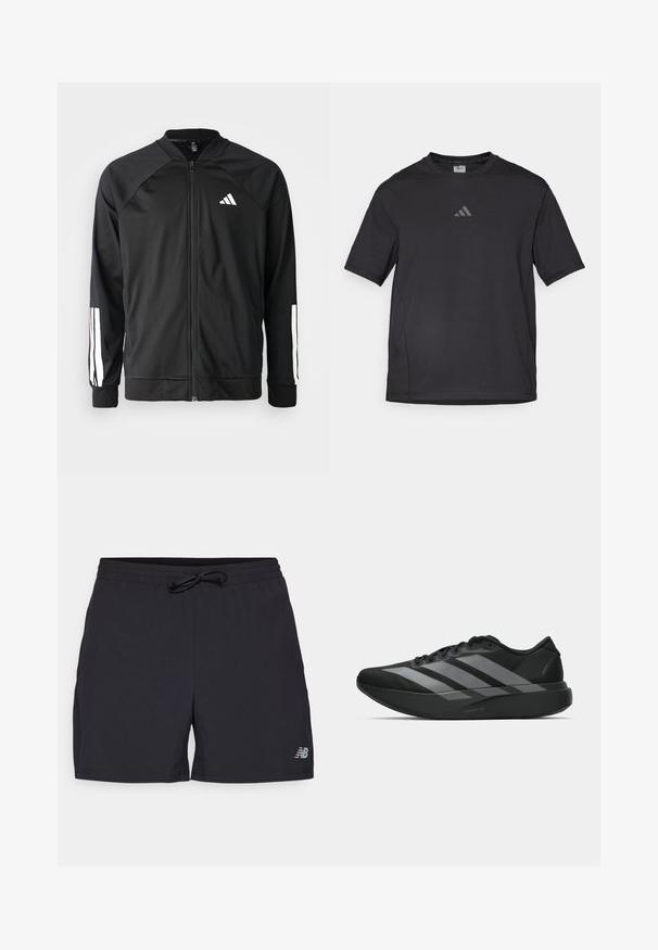 Giacca atletica nera con zip frontale, maniche raglan, logo Adidas bianco e strisce bianche sulle maniche. Tessuto liscio con polsini elasticizzati.; Maglietta sportiva nera realizzata in materiale traspirante, con maniche corte, colletto rotondo e logo riflettente sul petto.; Pantaloni sportivi neri con cintura elastica e cordino regolabile. Presentano il logo New Balance grigio sulla parte bassa della gamba destra.; Scarpe sportive nere con un design leggero, caratterizzate da tre strisce grigie prominenti, una superficie liscia e una suola sagomata.