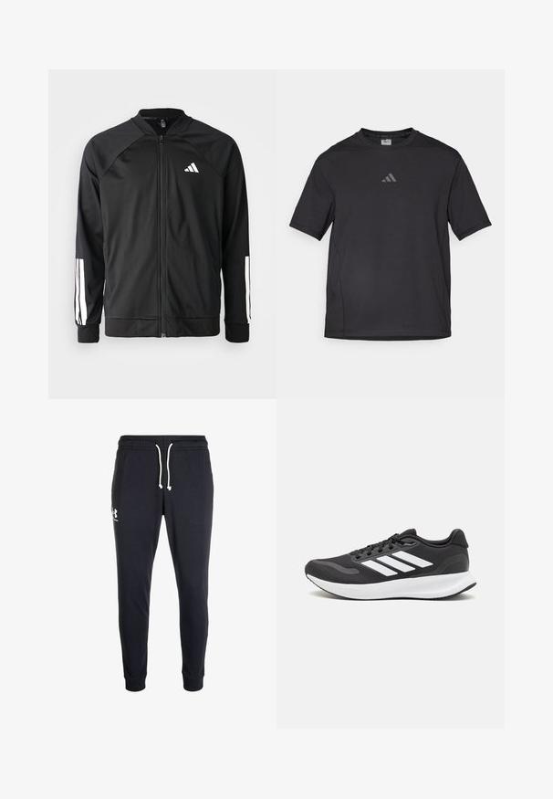 Zwarte sportjack met een rits aan de voorkant, raglanmouwen, wit Adidas-logo en witte strepen op de mouwen. Gladde stof met elastische manchetten.; Zwart sport t-shirt van ademend materiaal, met korte mouwen, een ronde hals en een reflecterende logo op de borst.; Marine joggingsbroek met elastische tailleband en verstelbare trekkoord. Bevat een wit logo op de linkerdij en taps toelopende enkels.; Zwart sportief schoen met ademend mesh bovenwerk, witte accenten en een gevoerde zool. Beschikt over een logo met drie strepen aan de zijkant.