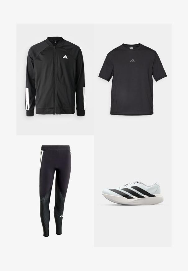 Musta urheilujakku, jossa on vetoketju edessä, raglan-hihat, valkoinen Adidas-logo ja valkoiset raidat hihoissa. Sujuva kangas ja joustavat hihansuut.; Musta urheilupaita, joka on valmistettu hengittävästä materiaalista, jossa on lyhyet hihat, pyöreä kaula-aukko ja heijastava logo rinnassa.; Musta urheilullinen legginssi, jossa on teksturoitu alaosa, jossa on pieniä valkoisia pilkkuja. Mukana sivutasku ja kontrastivärinen paneelisuunnittelu.; Kevyt juoksukengät vaaleansinisinä mustilla raidoilla. Ominaisuuksiin kuuluu sileä pinta, pyöreä kärki ja paksu valkoinen välipohja, joka on merkitty "LIGHTSTRIKE PRO".