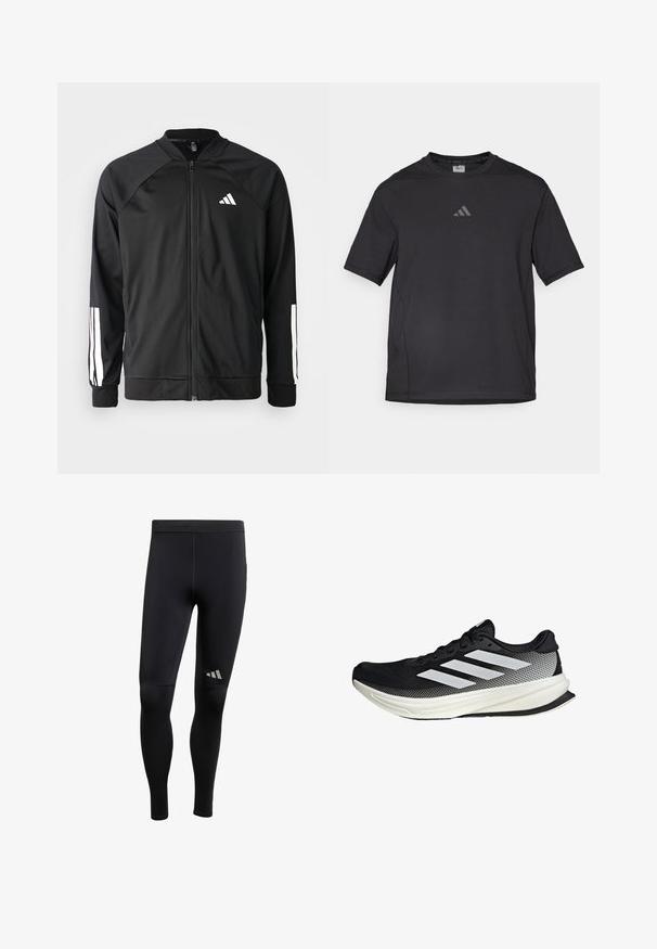 Black athletic jacket with a front zipper, raglan sleeves, white Adidas logo, and white stripes on sleeves. Smooth fabric with elastic cuffs.; Black athletic t-shirt made of breathable material, featuring short sleeves, a round neck, and a reflective logo on the chest.; Black athletic leggings with a smooth texture, featuring reflective accents and a fitted design. Made of stretchy, moisture-wicking material.; Black athletic shoe with a mesh design, featuring white stripes, a rounded toe, and a textured sole for grip and support.