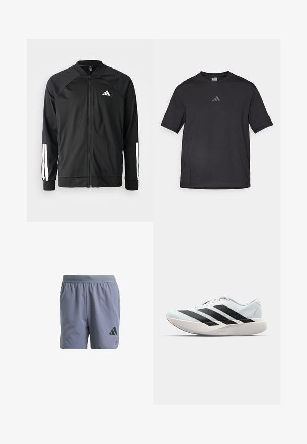 Czarna kurtka sportowa z zamkiem z przodu, raglanowymi rękawami, białym logo Adidas oraz białymi paskami na rękawach. Gładki materiał z elastycznymi mankietami.; Czarna sportowa koszulka wykonana z oddychającego materiału, z krótkimi rękawami, okrągłym dekoltem i odblaskowym logo na piersi.; Szare spodenki sportowe z elastycznym pasem, strukturalną tkaniną, bocznymi kieszeniami i czarnym logo na dolnej lewej nodze.; Lekkie buty do biegania w jasnoniebieskim kolorze z czarnymi pasami. Posiadają gładką cholewkę, okrągły nosek oraz grubą białą podeszwę środkową oznaczoną "LIGHTSTRIKE PRO."
