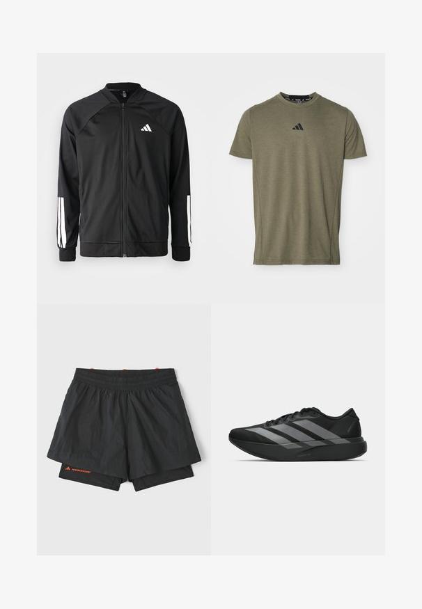 Svart treningsjakke med frontglidelås, raglanermer, hvit Adidas-logo og hvite striper på ermene. Glatt stoff med elastiske mansjetter.; Olivengrønn t-skjorte med korte ermer laget av myk stoff, med en svart Adidas-logo på brystet og en klassisk rund hals.; Svarte atletiske shorts med elastisk midje, innvendig fôr og perforerte sidepaneler. Har oransje merkevare på nedre del av benet.; Sorte svarte treningssko med lett design, med tre fremtredende grå striper, en glatt tekstur og en formet såle.