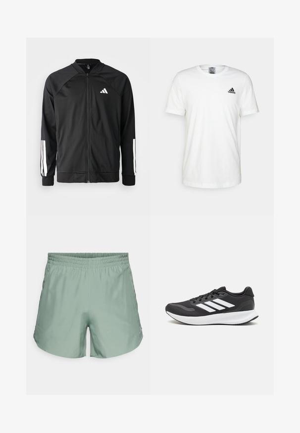 Chaqueta deportiva negra con cremallera frontal, mangas raglán, logo de Adidas en blanco y rayas blancas en las mangas. Tejido suave con puños elásticos.; Camiseta de algodón blanca con mangas cortas y cuello redondo. Presenta un pequeño logo negro de Adidas en el pecho izquierdo. Corte clásico.; Pantalones cortos deportivos de color verde claro con una cinturilla elástica, hechos de una tela suave, que presentan un sutil logo en el lado inferior.; Zapatilla deportiva negra con parte superior de malla transpirable, acentos en blanco y una suela acolchada. Presenta el logo de tres rayas en el costado.