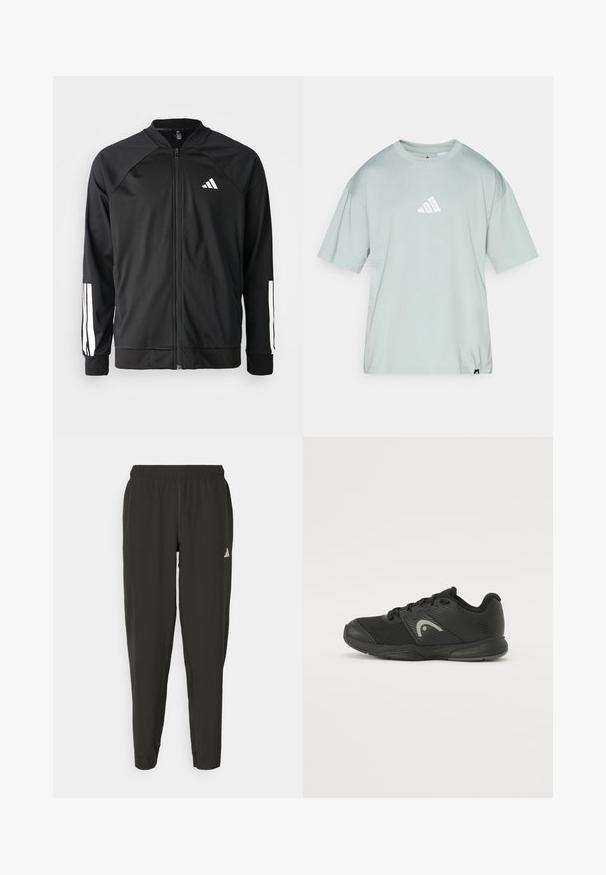 Svart treningsjakke med frontglidelås, raglanermer, hvit Adidas-logo og hvite striper på ermene. Glatt stoff med elastiske mansjetter.; Lys grønn oversized t-skjorte i myk bomull. Har rund hals og korte ermer, med en liten hvit logo foran.; Svarte treningbukser med elastisk midje, slim fit, og hvit logo på venstre bein. Glatt, lett stoff.; Svart idrettssko laget av mesh og syntetiske materialer, med et teksturert design, gummisåle og et distinkt logo i grå.