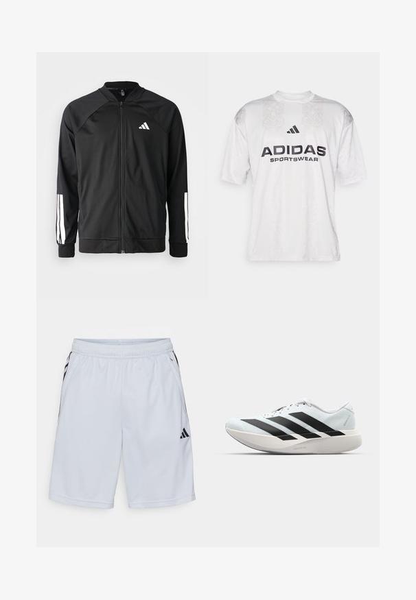 Crna sportska jakna s prednjim zatvaračem, raglan rukavima, bijelim Adidas logom i bijelim prugama na rukavima. Glatka tkanina s elastičnim manžetama.; adidas Sportswear TIRO TEE - Majica kratkih rukava s printom - grey one/black; adidas Performance Sportske kratke hlače - halo silver-coloured/black; Lagane tenisice za trčanje u svijetloplavoj boji s crnim trakama. Imaju glatku gornju površinu, okrugli vrh i debeli bijeli srednji sloj označen "LIGHTSTRIKE PRO."