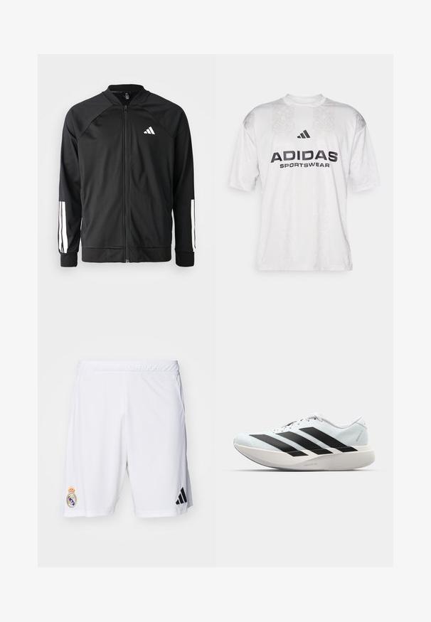 Crna sportska jakna s prednjim zatvaračem, raglan rukavima, bijelim Adidas logom i bijelim prugama na rukavima. Glatka tkanina s elastičnim manžetama.; adidas Sportswear TIRO TEE - Majica kratkih rukava s printom - grey one/black; Bijele sportske kratke hlače od lagane tkanine, s crnim Adidas logotipom i vezanim grbom Real Madrida na lijevoj nozi.; Lagane tenisice za trčanje u svijetloplavoj boji s crnim trakama. Imaju glatku gornju površinu, okrugli vrh i debeli bijeli srednji sloj označen "LIGHTSTRIKE PRO."