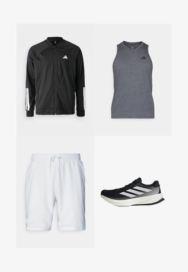 Black athletic jacket with a front zipper, raglan sleeves, white Adidas logo, and white stripes on sleeves. Smooth fabric with elastic cuffs.; Gray athletic tank top made from a lightweight fabric, featuring a round neckline and black brand logo on the left chest area.; White athletic shorts with an elastic waistband and adjustable drawstring. Smooth fabric with a subtle texture, featuring side pockets.; Black athletic shoe with a mesh design, featuring white stripes, a rounded toe, and a textured sole for grip and support.