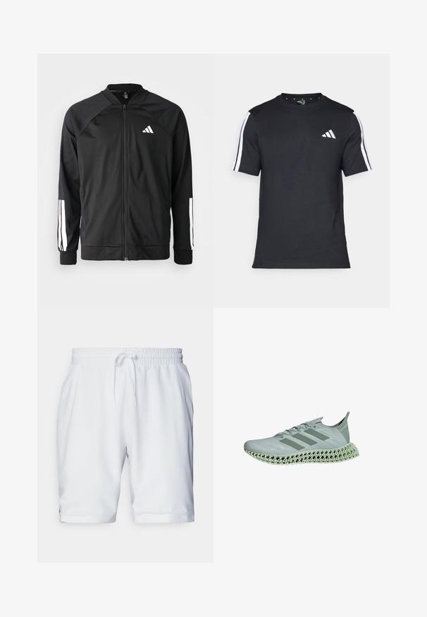 Black athletic jacket with a front zipper, raglan sleeves, white Adidas logo, and white stripes on sleeves. Smooth fabric with elastic cuffs.; Black T-shirt made of cotton with short sleeves, featuring white stripes on the shoulders and a white logo on the left chest.; White athletic shorts with an elastic waistband and adjustable drawstring. Smooth fabric with a subtle texture, featuring side pockets.; Light gray running shoe featuring a textured upper, three embossed stripes, and a distinctive 3D-printed lattice midsole.