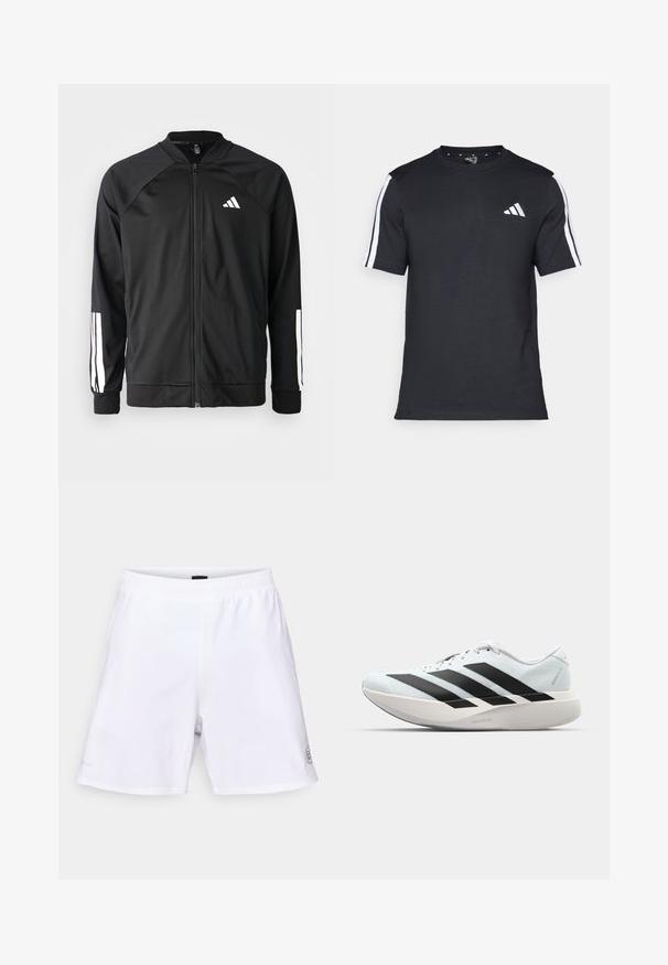 Svart sportjacka med framdraget blixtlås, raglanärmar, vitt Adidas-logotyp och vita ränder på ärmarna. Slät tyg med elastiska mudd.; Svart T-shirt i bomull med korta ärmar, prydd med vita ränder på axlarna och en vit logotyp på vänster bröst.; Vita shorts med elastisk midja, slät textur och logotypdetalj på nedre vänstra sida. Enkel, orenoverad design.; Lätta löparskor i ljusblått med svarta ränder. Har en slät ovandel, rund tå och tjock vit mellansula märkt "LIGHTSTRIKE PRO."