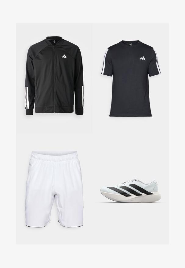 Zwarte sportjack met een rits aan de voorkant, raglanmouwen, wit Adidas-logo en witte strepen op de mouwen. Gladde stof met elastische manchetten.; Zwarte T-shirt van katoen met korte mouwen, met witte strepen op de schouders en een wit logo op de linkerkant van de borst.; Witte sportshorts van lichtgewicht stof. Voorzien van een elastische tailleband en zijzakken, met contrasterende zwarte bies aan de onderrand.; Lichte hardloopschoenen in lichtblauw met zwarte strepen. Beschikt over een soepele bovenkant, ronde neusstuk en dikke witte tussenzool met het label "LIGHTSTRIKE PRO."