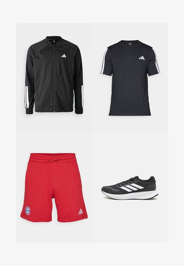 Crna sportska jakna s prednjim zatvaračem, raglan rukavima, bijelim Adidas logom i bijelim prugama na rukavima. Glatka tkanina s elastičnim manžetama.; Crna majica od pamuka s kratkim rukavima, koja ima bijele pruge na ramenima i bijeli logo na lijevoj strani prsiju.; Crvene atletske kratke hlače od mekog, prozračnog materijala. Imaju elastičnu traku na struku s vezicom, logo FC Bayern München i Adidas brendiranje.; Crne atletske tenisice s prozračnom mrežicom na gornjem dijelu, bijelim akcentima i mekanim potplatom. Imaju logo s tri pruge sa strane.