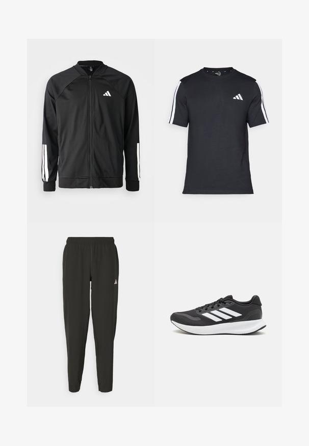 Schwarze Sportjacke mit einem Frontreißverschluss, Raglanärmeln, weißem Adidas-Logo und weißen Streifen an den Ärmeln. Glattes Gewebe mit elastischen Bündchen.; Schwarzes T-Shirt aus Baumwolle mit kurzen Ärmeln, ausgestattet mit weißen Streifen auf den Schultern und einem weißen Logo auf der linken Brust.; Schwarze Sporthosen mit elastischem Bund, slim fit und weißem Logo auf dem linken Bein. Glattes, leichtes Material.; Schwarzer Sportschuh mit atmungsaktivem Mesh-Obermaterial, weißen Akzenten und einer gepolsterten Sohle. Mit drei Streifen-Logo an der Seite.