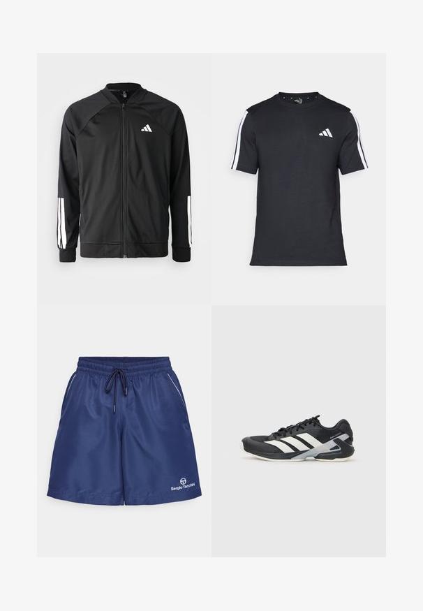 Casaco atlético preto com fecho na frente, mangas raglan, logotipo Adidas branco e riscas brancas nas mangas. Tecido suave com punhos elásticos.; T-shirt preto feito de algodão, com mangas curtas, apresentando riscas brancas nos ombros e um logótipo branco no lado esquerdo do peito.; Calções atléticos azul-marinho com cintura elástica, cordão, bolsos laterais e detalhe de guarnição branca. Apresenta um logótipo na parte inferior esquerda.; Sapata atlética preta com riscas brancas, parte superior em malha, biqueira arredondada e sola acolchoada. Apresenta um calcanhar texturizado e um sistema de atacadores seguro.