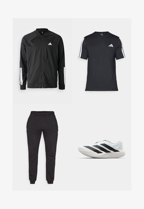 Black athletic jacket with a front zipper, raglan sleeves, white Adidas logo, and white stripes on sleeves. Smooth fabric with elastic cuffs.; Black T-shirt made of cotton with short sleeves, featuring white stripes on the shoulders and a white logo on the left chest.; Black sweatpants made of soft cotton, featuring an elastic waistband, tapered legs, and a small logo accent on the left side.; Lightweight running shoes in pale blue with black stripes. Features a smooth upper, round toe, and thick white midsole labeled "LIGHTSTRIKE PRO."