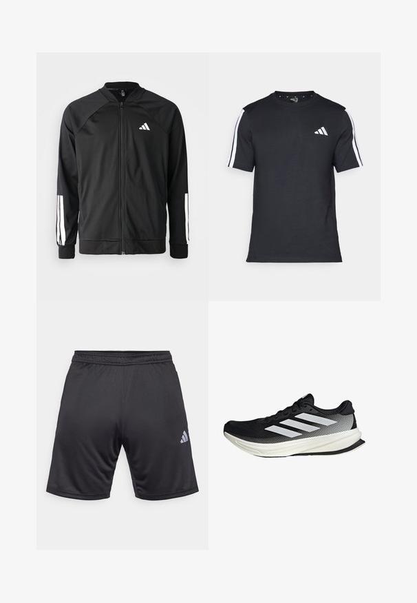 Crna sportska jakna s prednjim zatvaračem, raglan rukavima, bijelim Adidas logom i bijelim prugama na rukavima. Glatka tkanina s elastičnim manžetama.; Crna majica od pamuka s kratkim rukavima, koja ima bijele pruge na ramenima i bijeli logo na lijevoj strani prsiju.; Crne atletske kratke hlače napravljene od glatkog, laganog materijala. Imaju elastičnu struk i mali bijeli Adidas logo sa strana.; Crna atletska cipela s mrežastim dizajnom, koja ima bijele pruge, zaobljeni vrh i teksturiranu potplate za prianjanje i potporu.