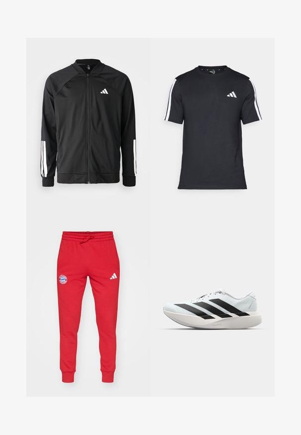 Svart sportjacka med framdraget blixtlås, raglanärmar, vitt Adidas-logotyp och vita ränder på ärmarna. Slät tyg med elastiska mudd.; Svart T-shirt i bomull med korta ärmar, prydd med vita ränder på axlarna och en vit logotyp på vänster bröst.; Röda sweatpants i bomullsmix, med dragsko i midjan, ribbade mudd och en rund logotyp på vänster lår med vita detaljer.; Lätta löparskor i ljusblått med svarta ränder. Har en slät ovandel, rund tå och tjock vit mellansula märkt "LIGHTSTRIKE PRO."