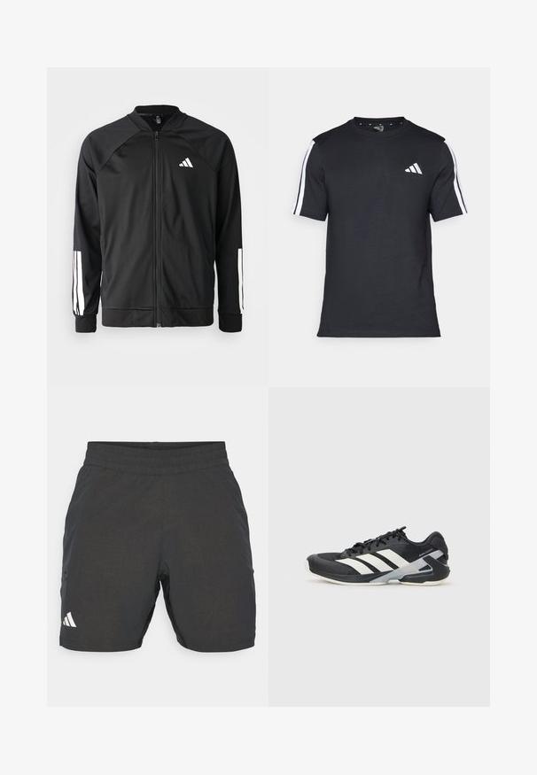 Svart sportjacka med framdraget blixtlås, raglanärmar, vitt Adidas-logotyp och vita ränder på ärmarna. Slät tyg med elastiska mudd.; Svart T-shirt i bomull med korta ärmar, prydd med vita ränder på axlarna och en vit logotyp på vänster bröst.; Svarta träningsshorts i lättviktsmaterial, med ett elastiskt midjeband, två sidfickor och en subtil mönstrad textur.; Svart atletisk sko med vita ränder, mesh-övre, rund tå och dämpad sula. Har en strukturerad häl och ett säkert snörningssystem.