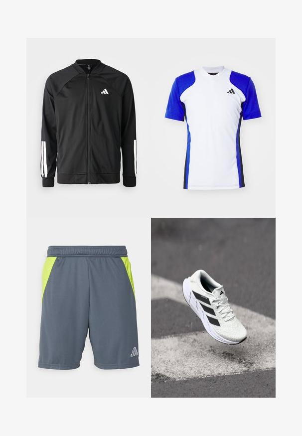 Schwarze Sportjacke mit einem Frontreißverschluss, Raglanärmeln, weißem Adidas-Logo und weißen Streifen an den Ärmeln. Glattes Gewebe mit elastischen Bündchen.; Kurzes Sportshirt in Weiß mit blauen Ärmeln, ausgestattet mit schwarzen seitlichen Akzenten und einem kleinen schwarzen Logo auf der Brust. Glatte Stoffoberfläche.; Graue Sportshorts mit neongrünen Seiteneinsätzen, elastischem Bund und einem kleinen silbernen Logo auf der unteren rechten Seite. Glatte Stofftextur.; Weiße Sportschuh mit strukturiertem Mesh-Obermaterial, schwarzen Streifen, Schnürverschluss und gepolstertem Sohlen, schwebt über einer markierten Straßenoberfläche.