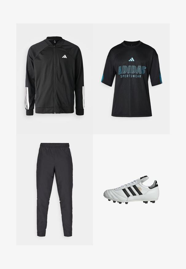 Black athletic jacket with a front zipper, raglan sleeves, white Adidas logo, and white stripes on sleeves. Smooth fabric with elastic cuffs.; Black Adidas sportswear shirt with mesh texture, short sleeves, round collar, and blue logo and text detailing on the front and sleeves.; Black athletic pants with an elastic waistband, tapered legs, and white side accents. Made of synthetic material with a smooth texture.; adidas Performance COPA MUNDIAL FOOTBALL BOOTS FIRM GROUND - Firm-ground football boots - cloud white core black gold metallic