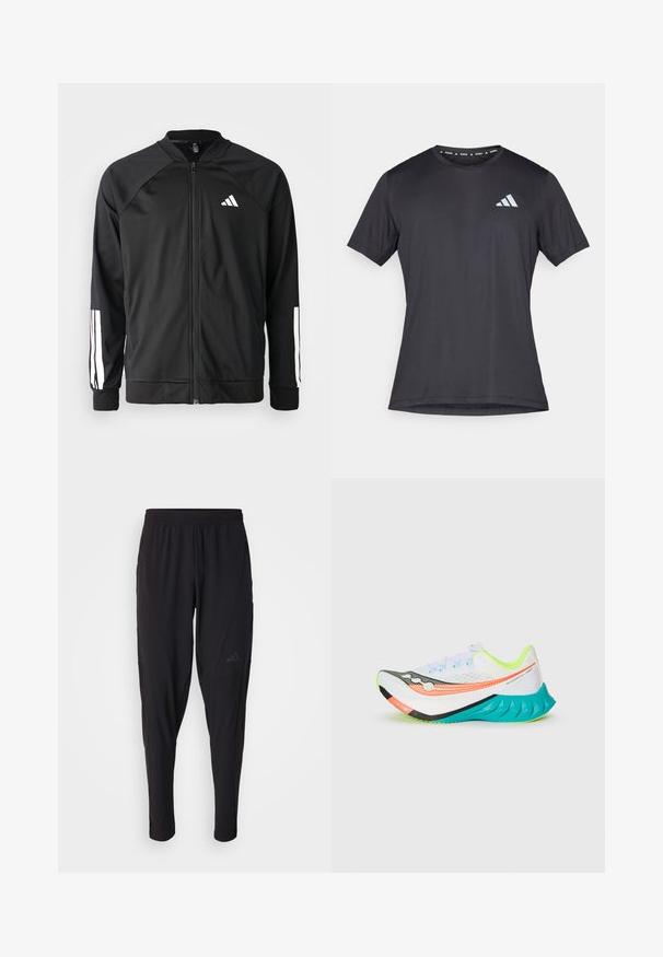 Giacca atletica nera con zip frontale, maniche raglan, logo Adidas bianco e strisce bianche sulle maniche. Tessuto liscio con polsini elasticizzati.; Maglietta sportiva nera, maniche corte, scollo tondo, realizzata in tessuto leggero. Presenta un logo Adidas riflettente sul davanti.; Pantaloni sportivi neri con vita elastica, design affusolato, tasche laterali e dettagli logo discreti. Realizzati in tessuto flessibile e traspirante.; Scarpa da corsa bianca con accenti arancioni, neri e turchesi sulla suola, fodera interna gialla neon e tomaia in mesh su uno sfondo semplice.
