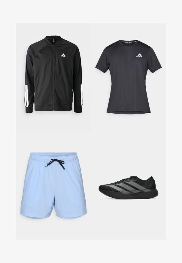 Juodas sportinis džemperis su priekiniais užtrauktukais, raglano stiliaus rankovėmis, balta Adidas logotipu ir baltais juostelėmis ant rankovių. Lygus audinys su elastingomis rankovėmis.; Juoda atletinė marškinėliai su trumpomis rankovėmis ir apvalia apykakle, pagaminti iš lengvos medžiagos. Priekyje yra atspindinti Adidas logotipas.; Šviesiai mėlyni maudymosi šortai, pagaminti iš lengvos medžiagos, su elastinga juosmens juosta ir juodu raiščiu, taip pat turi šonines kišenes.; Juodos sportinės avalynės, lengvos konstrukcijos, su trimis aiškiomis pilkomis juostomis, lygiu paviršiumi ir kontūrine padu.