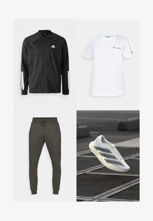 Czarna kurtka sportowa z zamkiem z przodu, raglanowymi rękawami, białym logo Adidas oraz białymi paskami na rękawach. Gładki materiał z elastycznymi mankietami.; Biała bawełniana koszulka z okrągłym dekoltem, krótkimi rękawami oraz czarnym haftowanym logo "Champion" na piersi i akcentem na rękawie.; Ciemnooliwkowe spodnie dresowe wykonane z miękkiego materiału, z elastycznym pasem w talii ze sznurkiem i ściągaczami u dołu; dyskretna logo na nodze.; Biały sportowy but z teksturowaną siateczkową cholewką, z szarymi paskami i amortyzowaną podeszwą. Lekka konstrukcja odpowiednia do biegania.