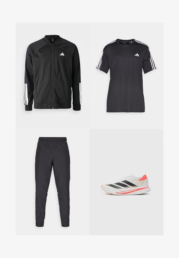 Giacca atletica nera con zip frontale, maniche raglan, logo Adidas bianco e strisce bianche sulle maniche. Tessuto liscio con polsini elasticizzati.; T-shirt nera a maniche corte con design a tre strisce bianche sulle spalle e logo sul petto. Realizzata in tessuto traspirante, con una texture liscia.; Pantaloni sportivi neri con cintura elastica, gambe affusolate e dettagli laterali bianchi. Realizzati in materiale sintetico con una texture liscia.; Scarpa da corsa bianca con strisce nere, design curvo, tomaia in mesh lightweight, linguetta del tallone prominente di un brillante rosso, e una suola spessa con dettagli rosa.