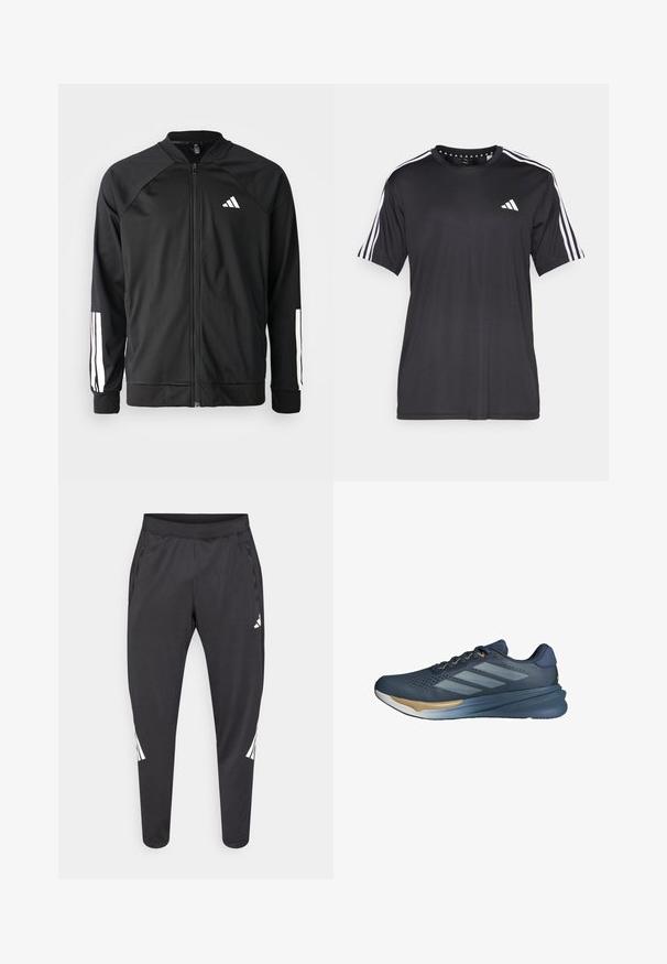 Zwarte sportjack met een rits aan de voorkant, raglanmouwen, wit Adidas-logo en witte strepen op de mouwen. Gladde stof met elastische manchetten.; Zwarte t-shirt met korte mouwen, voorzien van een witte drie-strepen design op de schouders en een logo op de borst. Gemaakt van ademend materiaal met een zachte textuur.; Zwarte sportbroek met taps toelopende pijpen, elastische tailleband, zijzakken en witte logo- en streepdetails. Gemaakt van een glad, licht materiaal.; adidas Performance SUPERNOVA STRIDE 2 - Hardloopschoenen voor op de weg - preloved ink cloud white dark blue