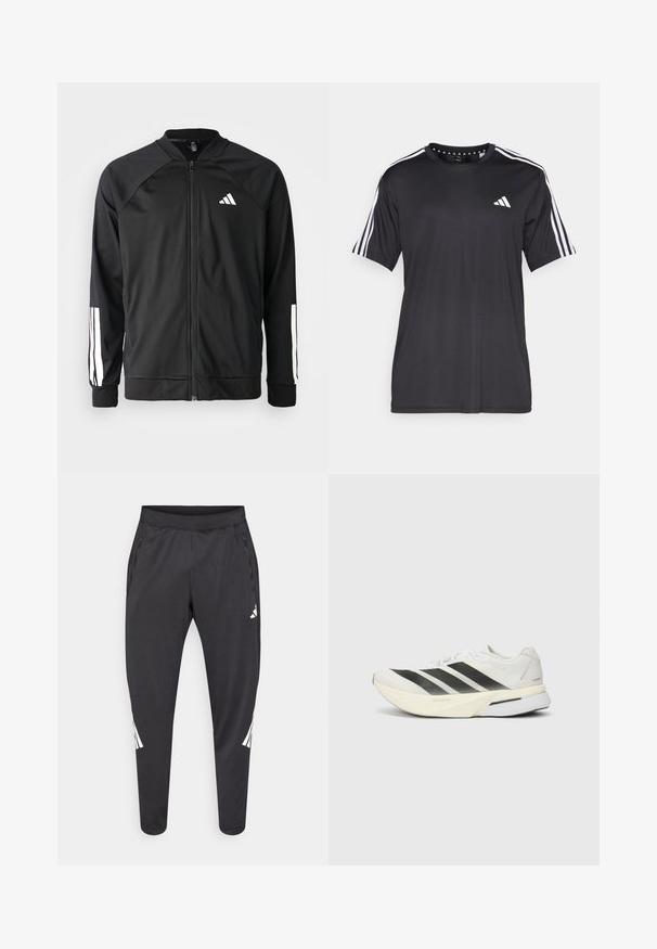 Black athletic jacket with a front zipper, raglan sleeves, white Adidas logo, and white stripes on sleeves. Smooth fabric with elastic cuffs.; Black short-sleeve t-shirt with white three-stripe design on shoulders and logo on the chest. Made from breathable fabric, smooth texture.; Black athletic pants with tapered legs, elastic waistband, side pockets, and white logo and stripes detailing. Made from a smooth, lightweight material.; White athletic shoe with black stripes, lightweight mesh upper, rounded toe, and a cushioned sole labeled "Lightstrike Pro."
