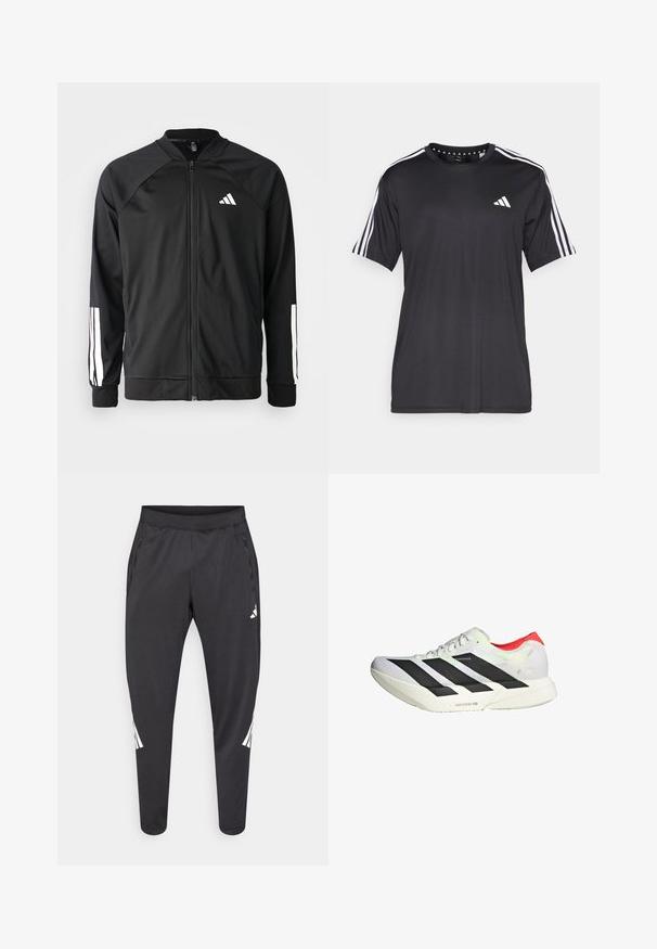 Black athletic jacket with a front zipper, raglan sleeves, white Adidas logo, and white stripes on sleeves. Smooth fabric with elastic cuffs.; Black short-sleeve t-shirt with white three-stripe design on shoulders and logo on the chest. Made from breathable fabric, smooth texture.; Black athletic pants with tapered legs, elastic waistband, side pockets, and white logo and stripes detailing. Made from a smooth, lightweight material.; White athletic shoe with black diagonal stripes, red accents at the heel, and a textured upper; features LIGHTSTRIKE PRO cushioning.