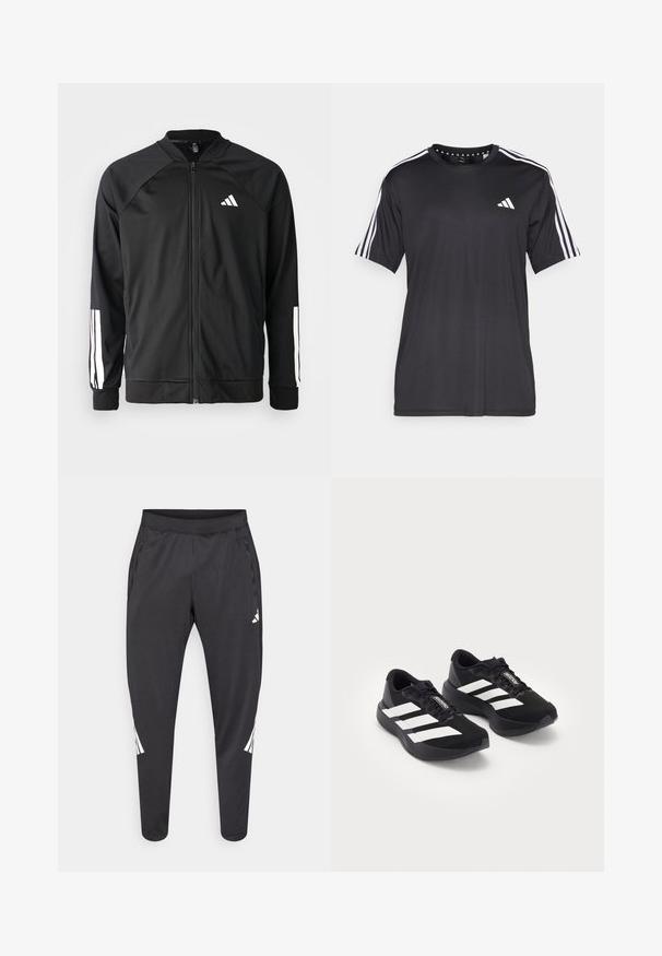 Svart treningsjakke med frontglidelås, raglanermer, hvit Adidas-logo og hvite striper på ermene. Glatt stoff med elastiske mansjetter.; Svart kortermet t-skjorte med hvit tre-stripesdesign på skuldrene og logo på brystet. Laget av pustevennlig stoff med glatt tekstur.; Svarte treningsbukser med smalere ben, elastisk midjebånd, sidelommer og hvite logo- og stripedetaljer. Laget av et mykt, lett materiale.; Par med svarte Adidas Adizero løpesko med hvite striper og lisser på hvit bakgrunn, plassert ved siden av hverandre.