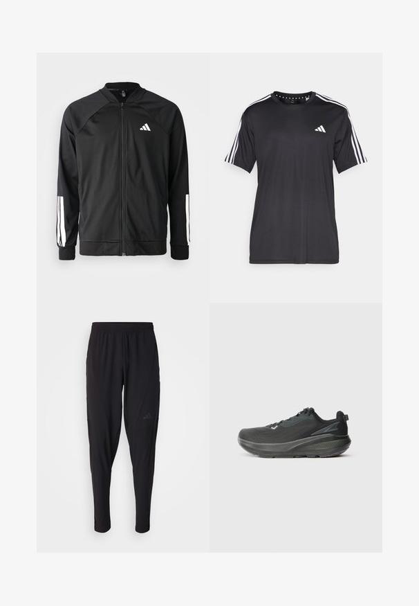 Schwarze Sportjacke mit einem Frontreißverschluss, Raglanärmeln, weißem Adidas-Logo und weißen Streifen an den Ärmeln. Glattes Gewebe mit elastischen Bündchen.; Schwarzes T-Shirt mit kurzen Ärmeln und weißem Dreistrichdesign an den Schultern sowie Logo auf der Brust. Hergestellt aus atmungsaktivem Stoff, glatte Textur.; Schwarze Sporthosen mit elastischem Bund, tailliertem Design, Seitentaschen und dezenten Logo-Details. Hergestellt aus flexiblem, atmungsaktivem Material.; Schwarzer Sportschuh mit atmungsaktivem Mesh-Obermaterial, strukturiertem Sohlenprofil und unterstützendem Zwischensohlen-Design. Reflektierende Akzente sind vorhanden.