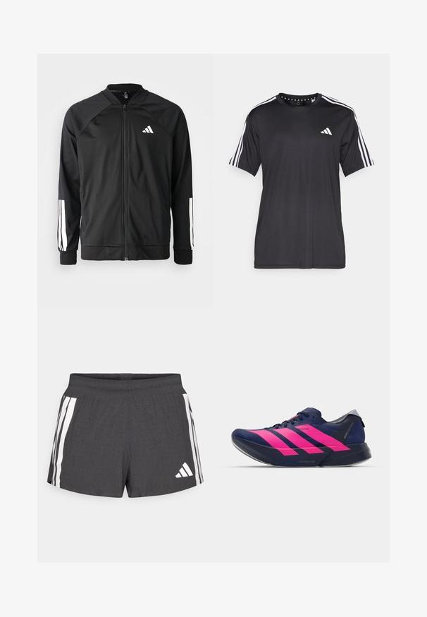 Juodas sportinis džemperis su priekiniais užtrauktukais, raglano stiliaus rankovėmis, balta Adidas logotipu ir baltais juostelėmis ant rankovių. Lygus audinys su elastingomis rankovėmis.; Juodas trumpas rankovėmis marškinėliai su balta trijų juostų dizainu ant pečių ir logotipu ant krūtinės. Pagaminta iš kvėpuojančios medžiagos, lygaus pynimo.; Tamsiai pilkos atletinės šortai iš kvėpuojančios medžiagos, su baltais šonais dryžiais ir logotipu. Dizainas apima perforuotą tekstūrą ventiliacijai.; adidas Performance ADIZERO ADIOS PRO 4 - Bėgimo batai plentui - dark blue/shock pink/dash grey