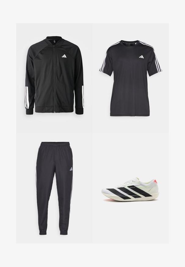 Veste de sport noire avec fermeture éclair à l'avant, manches raglan, logo Adidas blanc et bandes blanches sur les manches. Tissu lisse avec des poignets élastiques.; T-shirt noir à manches courtes avec un design à trois bandes blanches sur les épaules et un logo sur la poitrine. Fabriqué en tissu respirant, texture lisse.; Pantalons de sport noirs avec une taille élastique, présentant des rayures blanches sur les côtés et un petit logo sur la hanche. Texture lisse.; Chaussure de sport blanche avec des rayures diagonales noires, en matière en maille légère, accents verts et contrefort rouge ; présente un design élégant et allongé.